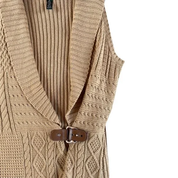 Women's RALPH LAUREN Brown Sleeveless Cable Knit Collared Sweater w/ Buckle MED - Picture 2 of 5
